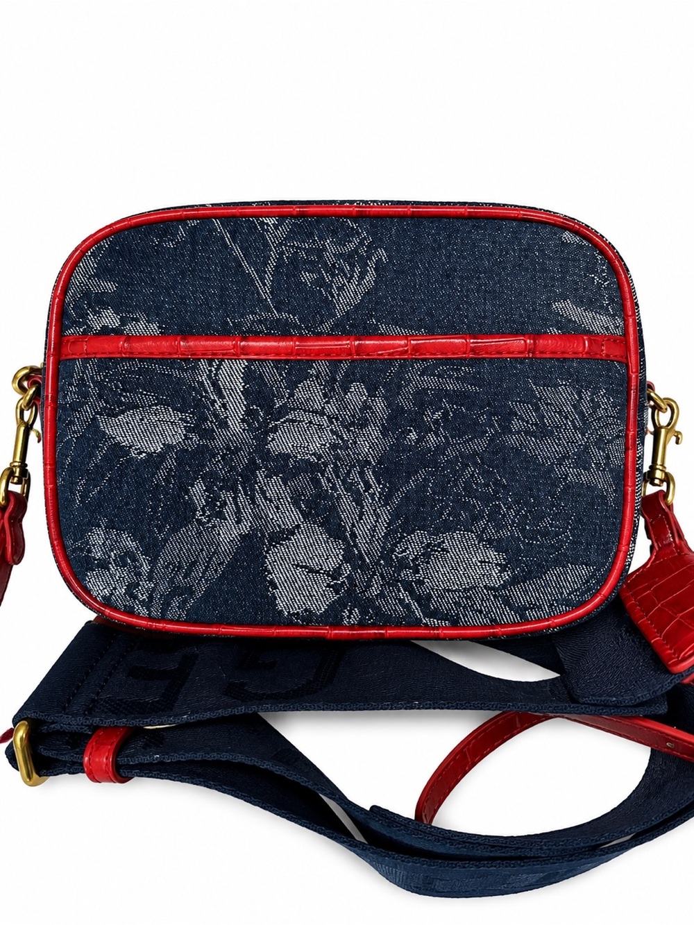 Kurt Geiger Navy Denim Floral Crossbody with Red Croc Trim - Picture 3 of 6